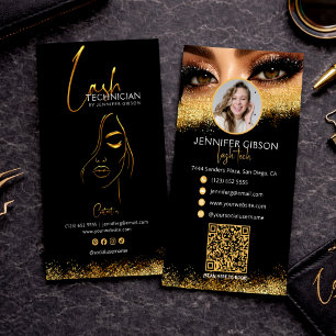 Glamourous Gold & Black Lash Tech QR Code  Business Card
