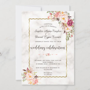 Glamourous Gold Blush Pink Floral Marble Wedding Invitation