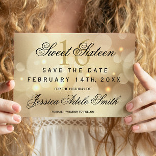 Glamourous Gold Bokeh Light Sweet 16 save the date Postcard
