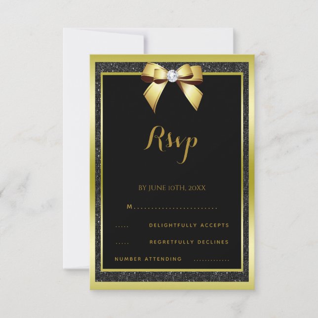 Glamourous Gold Bow & Black Glitter RSVP Card (Front)