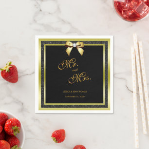 Glamourous Gold Bow & Black Glitter Wedding Napkin