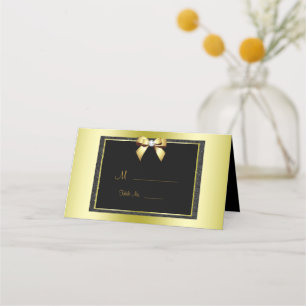 Glamourous Gold Bow & Black Glitter Wedding Place Card
