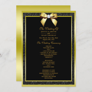Glamourous Gold Bow & Black Glitter Wedding Progra Invitation