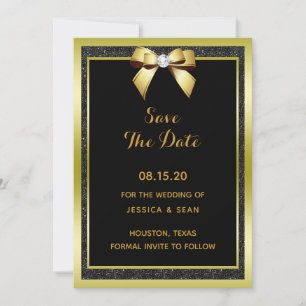 Glamourous Gold Bow & Black Glitter Wedding Save The Date
