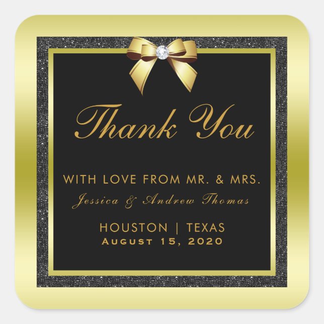 Glamourous Gold Bow & Black Glitter Wedding Square Sticker (Front)
