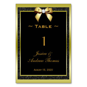 Glamourous Gold Bow & Black Glitter Wedding Table Number