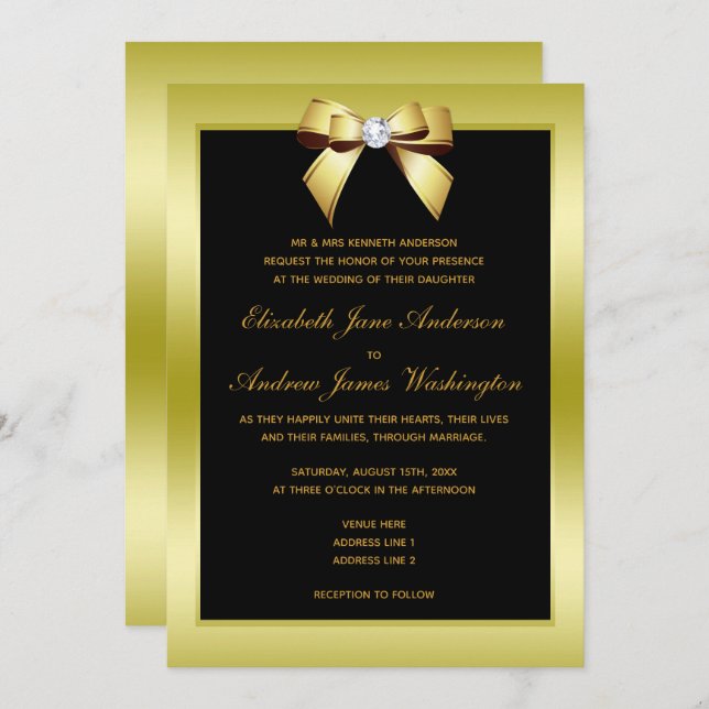 Glamourous Gold Bow & Black Wedding Invitation (Front/Back)