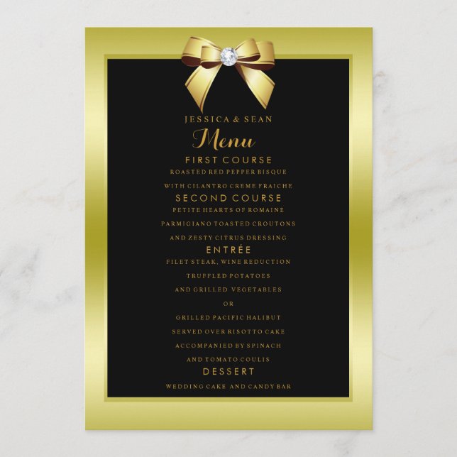Glamourous Gold Bow & Black Wedding Menu (Front)