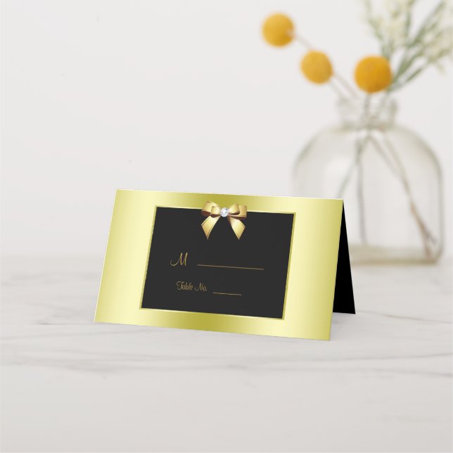 Glamourous Gold Bow & Black Wedding Place Card (Front)