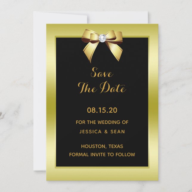 Glamourous Gold Bow & Black Wedding Save The Date (Front)
