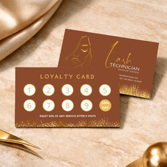 Glamourous Gold & Brown Lash Tech  Loyalty Card (Creator Uploaded)
