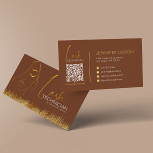 Glamourous Gold & Brown Lash Tech QR Code Business Card