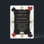 Glamourous Gold Casino Vegas Poker Wedding  Invitation<br><div class="desc">Unique Casino Royale and Art Deco 20s themed card design. It features vintage art deco style, a Roaring 1920's old Hollywood faux gold frame with Fleur-de-lis, a pair of dice, playing cards suits (simulating playing cards), on gold white Art Deco pattern background. Special wording are used as in poker game....</div>
