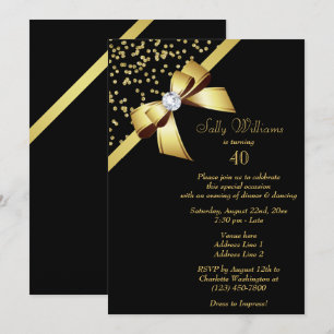 Glamourous Gold Confetti & Jewel Bow 40th Birthday Invitation