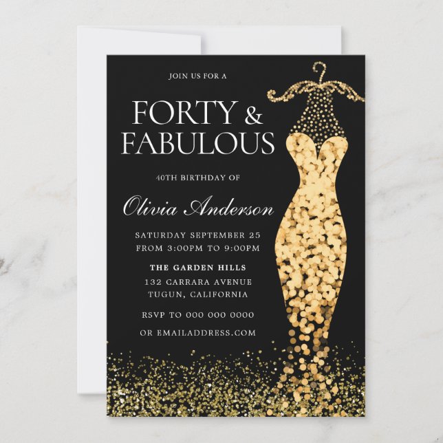 Glamourous Gold Dress Fabulous 40th Birthday Invitation (Front)