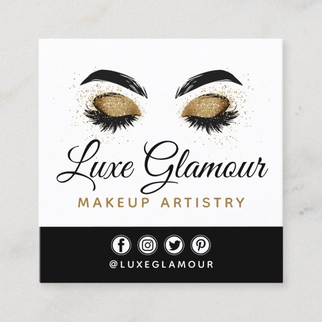 Glamourous Gold Eye Lashes Brows Beauty Bar Social Square Business Card (Front)