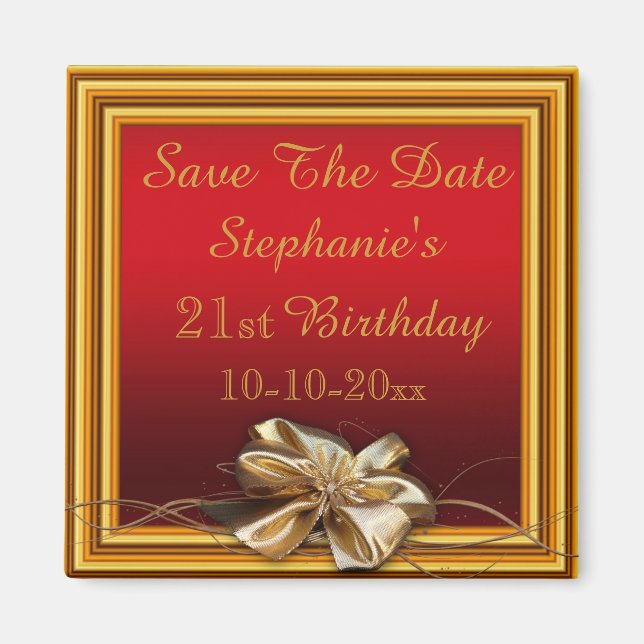 Glamourous Gold Frame & Faux Bow 21st Birthday Magnet (Front)