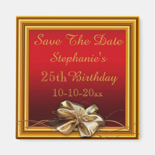 Glamourous Gold Frame & Faux Bow 25th Birthday Magnet