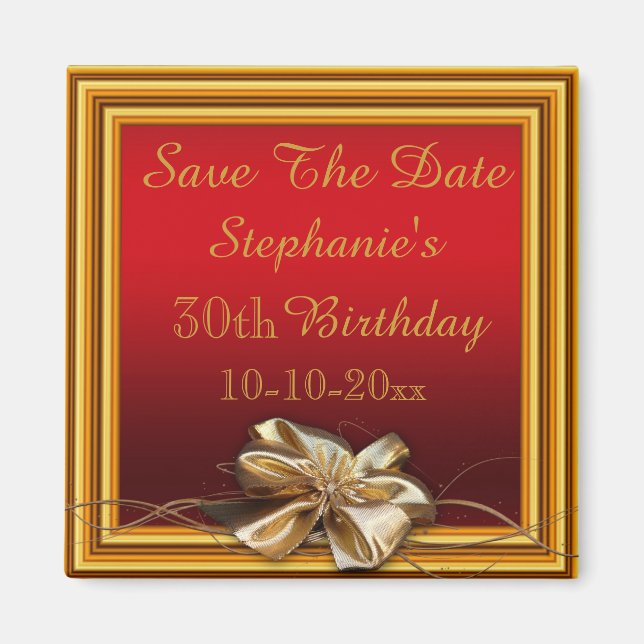 Glamourous Gold Frame & Faux Bow 30th Birthday Magnet (Front)