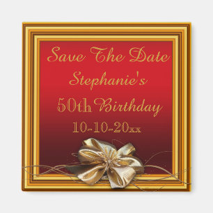 Glamourous Gold Frame & Faux Bow 50th Birthday Magnet