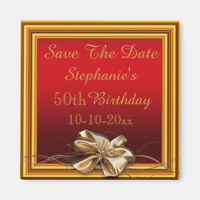Glamourous Gold Frame & Faux Bow 50th Birthday Magnet (Front)