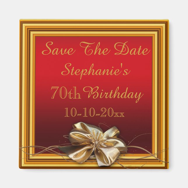 Glamourous Gold Frame & Faux Bow 70th Birthday Magnet (Front)