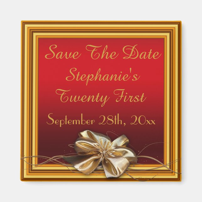 Glamourous Gold Frame & Faux Bow Twenty First Magnet (Front)