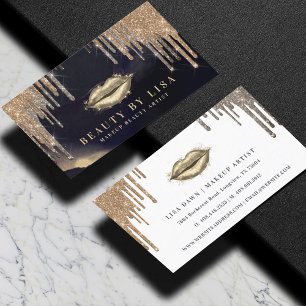 Glamourous Gold Glitter Drip Navy & Gold Glam Lips Business Card