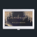 Glamourous Gold Glitter Drip Navy Gold Script Name Business Card Holder<br><div class="desc">An elegant and glamourous personalised name business card case. The design features a dark moody ink texture background with accents of gold. A faux glitter drip graphic is added to the top. Customise with your first name in a stylish script and last name.</div>