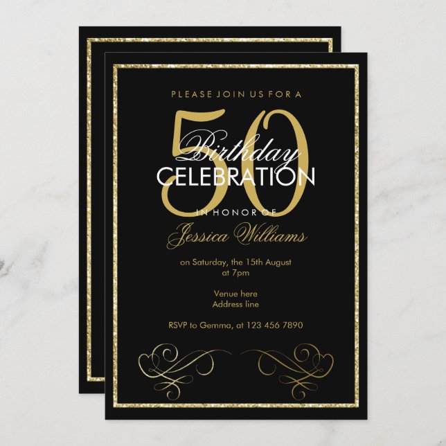 Glamourous Gold Glitter Frame Women's 50th Birthda Invitation (Front/Back)