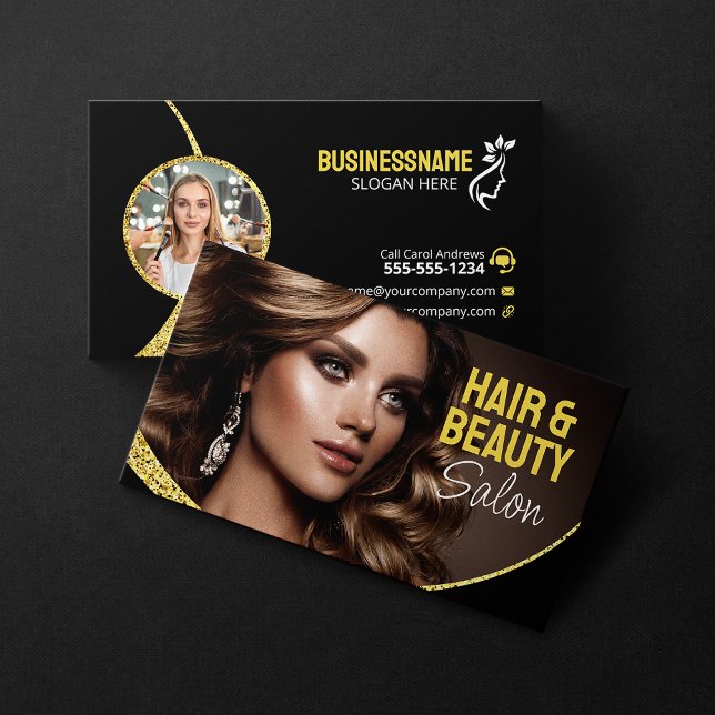 Glamourous Gold Glitter Hair Stylist Beauty Salon Business Card (Creator Uploaded)