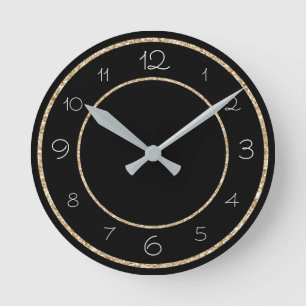 Glamourous Gold Glitter on Black Round Clock