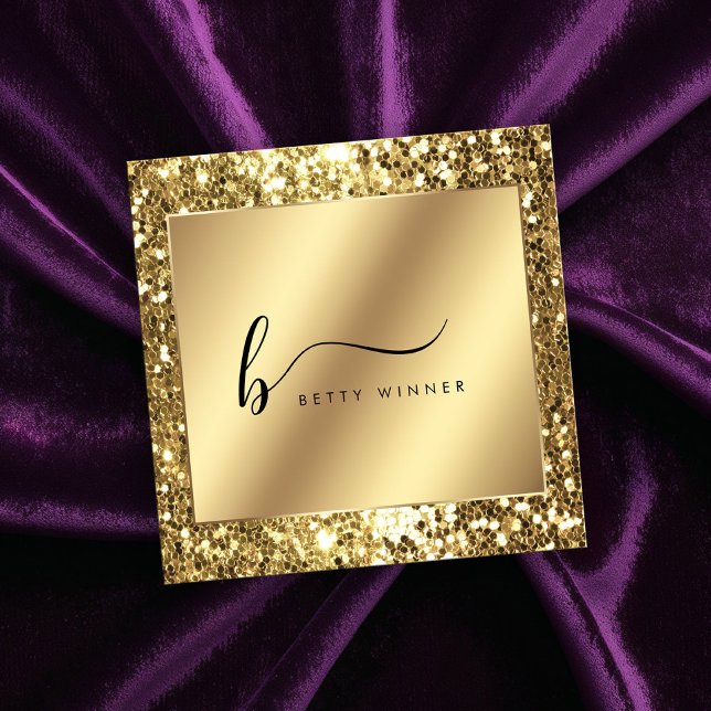 Glamourous Gold Glitter Script Monogram Square Business Card (Creator Uploaded)
