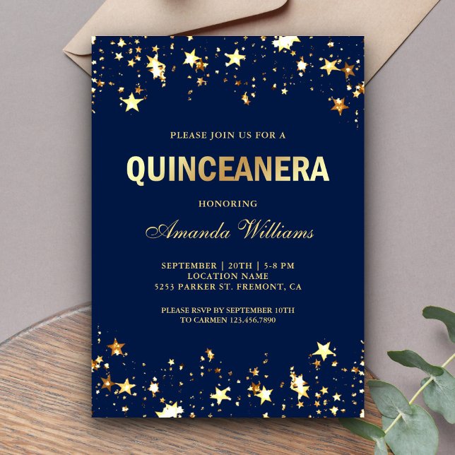 Glamourous Gold Glitter Stars Confetti Quinceanera Invitation (Creator Uploaded)