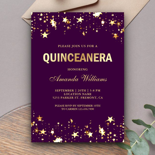 Glamourous Gold Glitter Stars Confetti Quinceanera Invitation (Creator Uploaded)