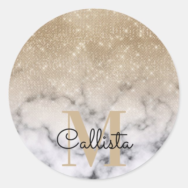 Glamourous Gold Glitter White Marble Ombre Monogra Classic Round Sticker (Front)