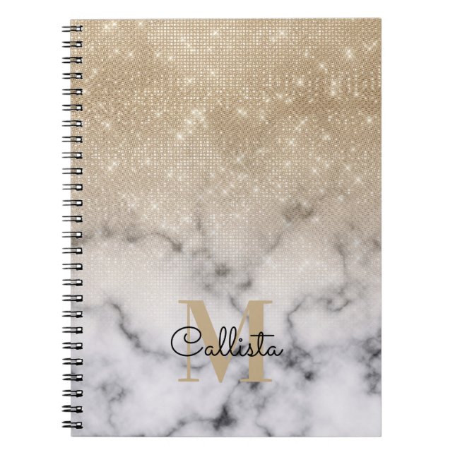 Glamourous Gold Glitter White Marble Ombre Monogra Notebook (Front)