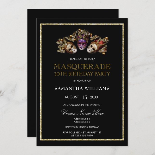 Glamourous Gold Glitters  Masquerade 30th Birthday Invitation (Front/Back)