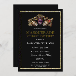Glamourous Gold Glitters  Masquerade 50th Birthday Invitation