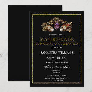 Glamourous Gold Glitters Masquerade Quinceañera Invitation
