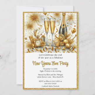Glamourous Gold on White New Year's Eve Party Invitation
