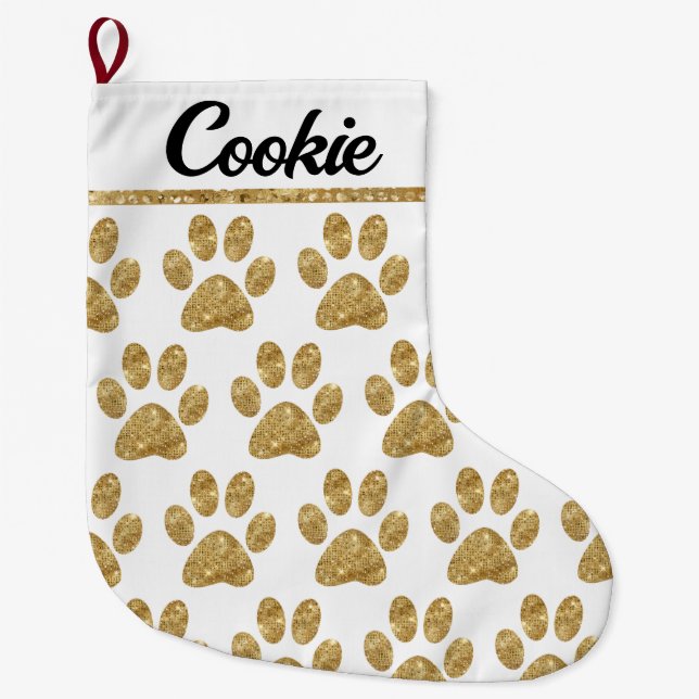 Glamourous Gold Paw Prints on White Large Christmas Stocking (Front)