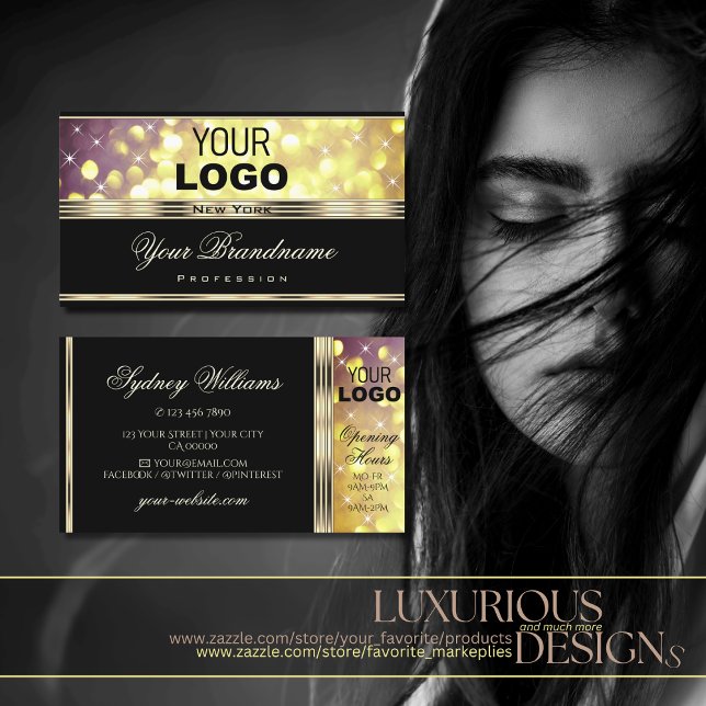Glamourous Gold Purple Glitter Stars add Logo Blac Business Card (Creator Uploaded)