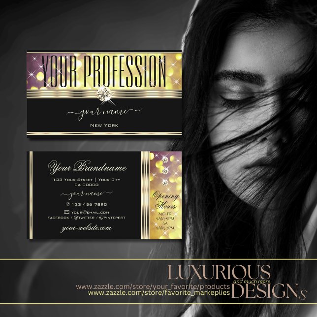 Glamourous Gold Purple Glitter Stars Diamonds Blac Business Card (Creator Uploaded)