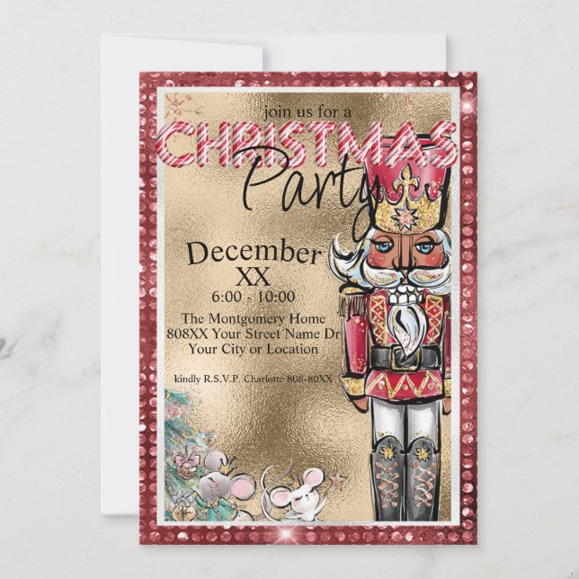 Glamourous Gold & Red Diamonds Nutcracker Christma Invitation (Front)