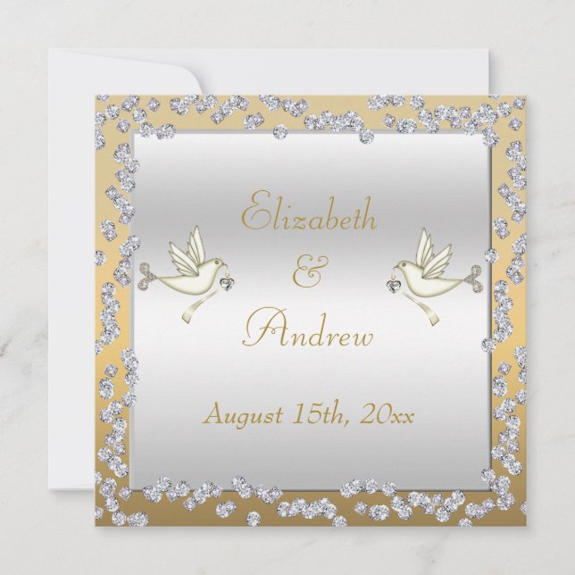Glamourous Gold & Silver Diamonds & Doves Wedding Invitation (Front)