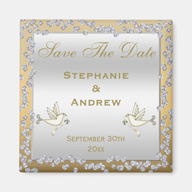 Glamourous Gold & Silver Diamonds & Doves Wedding Magnet (Front)
