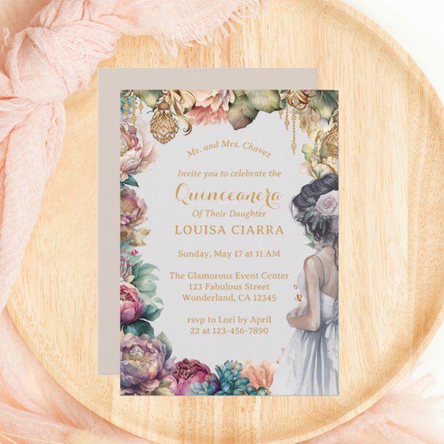 Glamourous Gold Sparkle Pastel Flowers Quinceanera Invitation (Creator Uploaded)