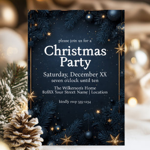 Glamourous Gold Stars and Navy Blue Christmas Part Invitation