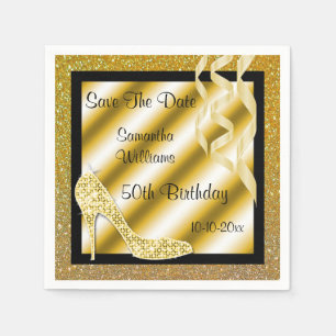 Glamourous Gold Stiletto & Streamers 50th Birthday Napkin